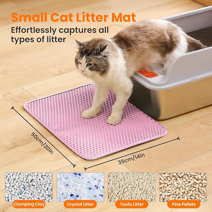 Small Cat Litter Mat, 20x14 Inches Double Layer Honeycomb Cat Litter Trapping Mat, Non Slip Waterproof Urine Proof Litter Box Mat for Floor, Kitty Litter Rug, Pet Supplies, Pink