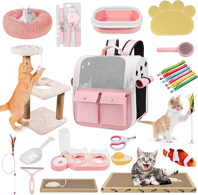 Kitten Starter Supplies Starter Kit, 20 pcs of Cat Essentials and Stuff, Including Cat Bed, Carrier, Litter Mat, Litter Box, Collar, Bowls,and Others, Perfect Choice for New Cat Owner - Pink
