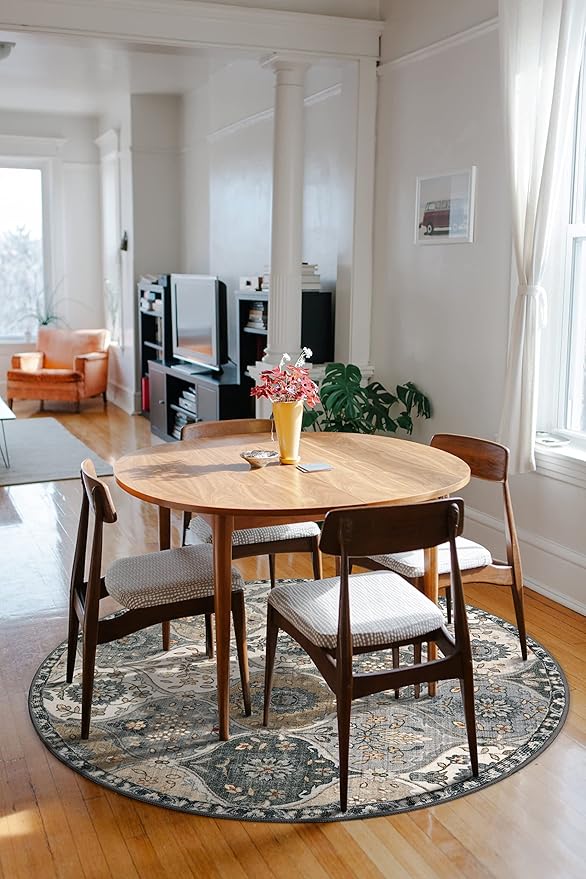 Lahome Moroccan Washable Round Area Rug, Soft Vintage Round Rug 3ft, Distress Circle Carpet for Entryway Bathroom Bedroom, Non Slip Low Pile Stain Resistant Accent Rug Elise, Grey
