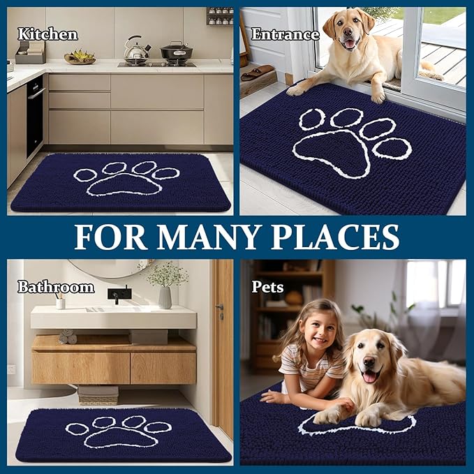 OLANLY Dog Door Mat for Muddy Paws 59x24, Paw Print Design, Absorbs Moisture and Dirt, Absorbent Non-Slip Washable Doormat, Quick Dry Chenille Mud Mat for Dogs, Entry Indoor Entryway Carpet, Navy Blue