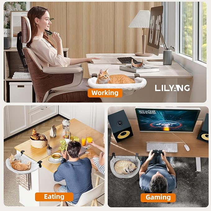 Lilyang Large Cat Desk Bed – Sunken Cat Hammock, 19.5"x15" Spacious Nest, Secure Bed with Dual Clamps & Steel Frame, Supports Up to 50 lbs, Reversible & Washable Bed Cover