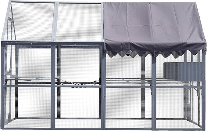 LOVMOR 110" Large Outdoor Wooden Catio, Outdoor Cat House Cat Enclosures, Weatherproof Cover roof, Two Small Sliding Doors, 2 x Bridges, 2 x Sleeping Houses, 7 x Cat Walks