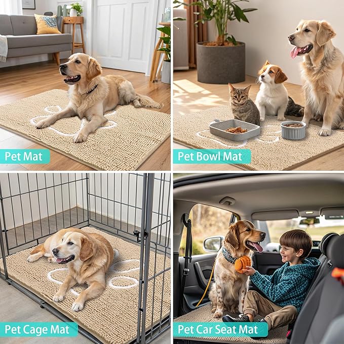 Smiry Dog Door Mat for Muddy Paws, Absorbent Dirt Trapper Non Slip Quick Dry Washable Chenille Mat for Mud Dogs, Entry Rug for Indoor and Outdoor (48x30 Inches, Beige and White)