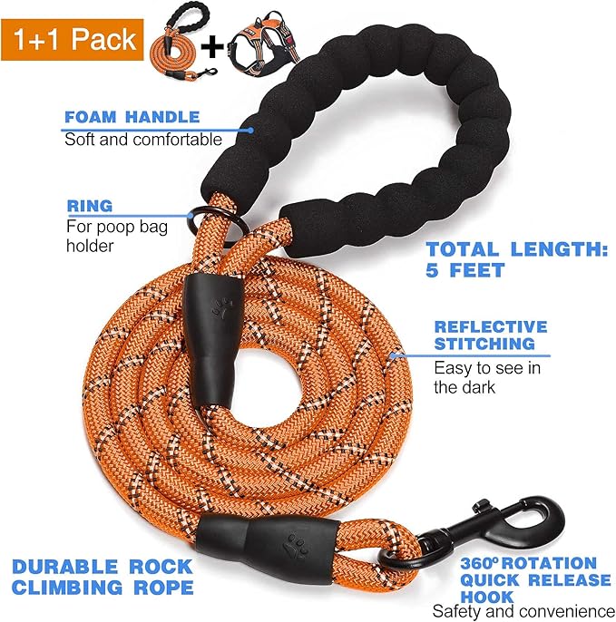 No Pull Dog Harness Adjustable Reflective Oxford Easy Control Medium Large Dog Harness with A Free Heavy Duty 5ft Dog Leash (XL (Neck: 22"-32", Chest: 31"-38"), Orange Harness+Leash)