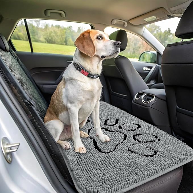 OLANLY Dog Door Mat for Muddy Paws 32x20, Double Paw Print Design, Absorbs Moisture and Dirt, Absorbent Non-Slip Washable Doormat, Quick Dry Chenille Mud Mat for Dogs, Indoor Entryway Carpet, Grey