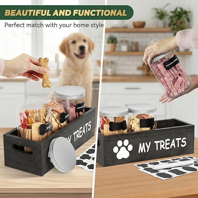 Dog Treat Container Airtight Storage Jars Set of 3 - Clear Plastic Pet Treat Canister with Lids - Dog Food Container for Countertop Organization (grey)