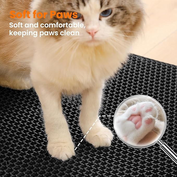 Small Cat Litter Mat, 20x14 Inches Double Layer Honeycomb Cat Litter Trapping Mat, Non Slip Waterproof Urine Proof Litter Box Mat for Floor, Kitty Litter Rug, Pet Supplies, Black
