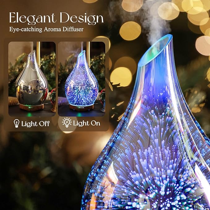 Porseme Essential Oil Diffuser 280ml Aromatherapy Ultrasonic Oil Diffusers 3D Glass Cool Mist Humidifier, Air Refresh Auto Shut-Off, Timer Setting, BPA Free for Home Hotel Yoga Leisure SPA Gift