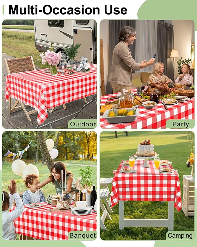 Smiry 8 Packs Gingham Disposable Table Cloth, 54 x 108 Inch Waterproof Plastic Tablecloth, Rectangle Red and White Checkered Table Covers for Picnic, Party, Birthday, Banquet