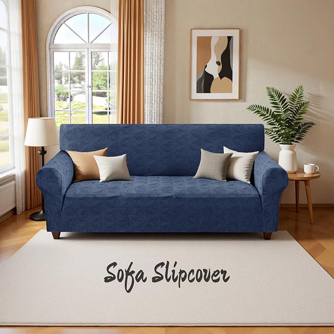 YEMYHOM 1 Piece Stretch Couch Covers for 2 Cushion Couch, Jacquard Loveseat Cover with Non-Slip Elastic Bottom, Thickened Slipcover Furniture Protector for Dogs Pets (Medium, Navy)