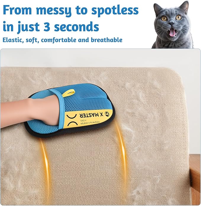 2 Pack Pet Hair Removal Gloves for Cats & Dogs – Premium Mesh & Brush Fabric, Static + Physical Grooming Glove, Washable Reusable Fur Remover for Clothing, Couch, Carpet, Car (Blue)