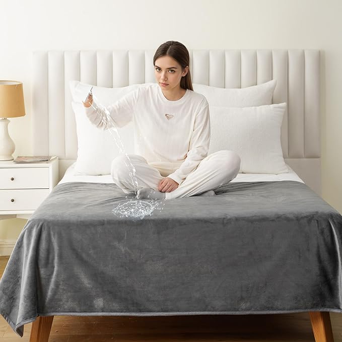 CAPT.SNOOZE Water Proof Blanket 50x60 Inches - Reversible Flannel Blanket for Bed, Sofa,Couch- Spillproof, Leakproof Soft Double-Sided Dark Grey Throw Blanket for Adults, Pets, Couples