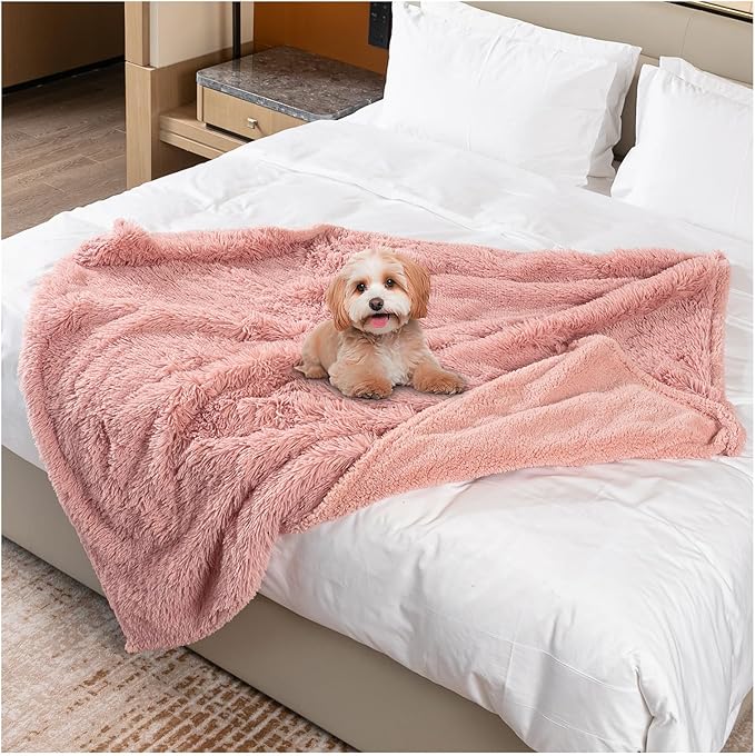 Wowchine Pink Calming Dog Blanket Waterproof Pet Blankets Fluffy Long Faux Fur Cat Throw Blankets for Couch Furniture Protector Love Bed Cover Washable(Pink,M)