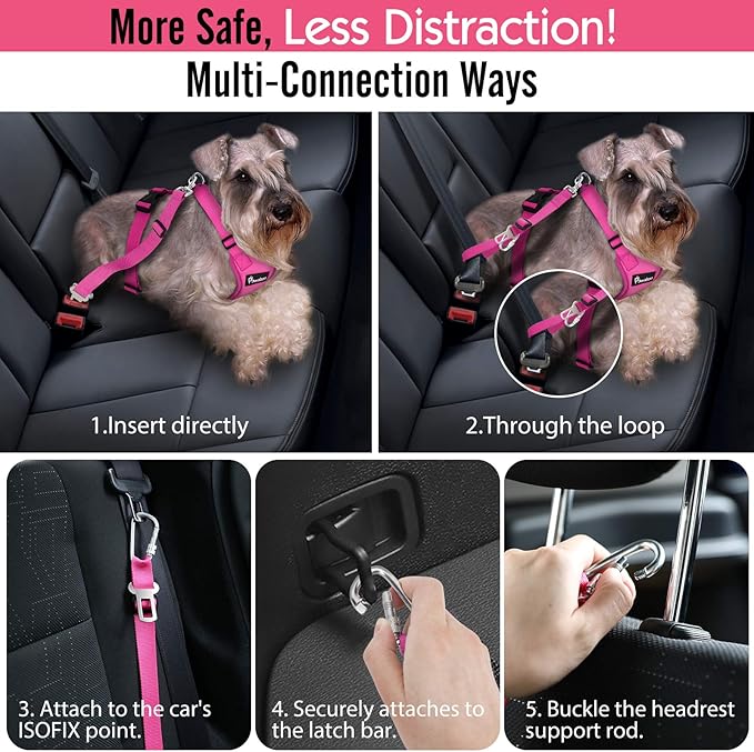 Pawaboo Dog Safety Vest Harness, Pet Car Harness Vehicle Seat Belt with Adjustable Strap and Buckle Clip, Easy Control for Driving Traveling Safety for Small Medium Dogs Cats, Large, Rose Red