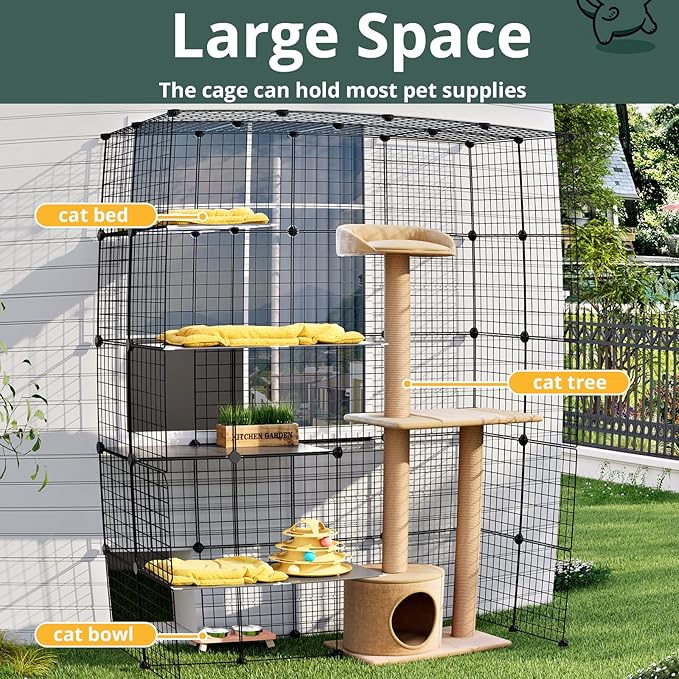 Oneluck Large Outdoor Cat House Catio Enclosure, DIY Cage Kennels Crate Spacious Exercise Place Ideal for 1-6 Cats, 55.1" L x 28.7" W x 69.8" H Balcony Playpen with 16 Platforms Super Large Door