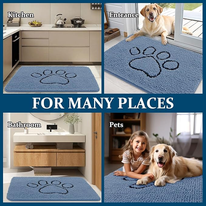 OLANLY Dog Door Mat for Muddy Paws 30x20, Paw Print Design, Absorbs Moisture and Dirt, Absorbent Non-Slip Washable Doormat, Quick Dry Chenille Mud Mat, Entry Indoor Entryway Carpet, Airy Blue