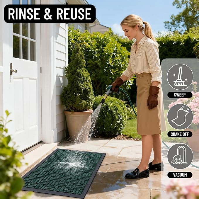 OLANLY Front Door Mat Outside Entrance 47x17, Absorbent, Heavy Duty Sturdy Natural Rubber Doormat Indoor Outdoor, Non-Slip, Stain and Fade Resistant, Low Profile Floor Mat for Entryway, Black Green