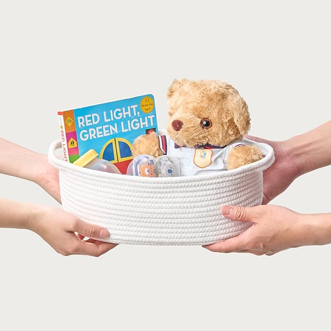 Small Woven Gift Basket Empty with Bag & Ribbon - Gifts for Mom, Baby Shower, Birthdays & Raffle - Cotton Rope Storage Basket for Dog Toys or Shelf - 12"x8"x5", Easter White, 4 Packs