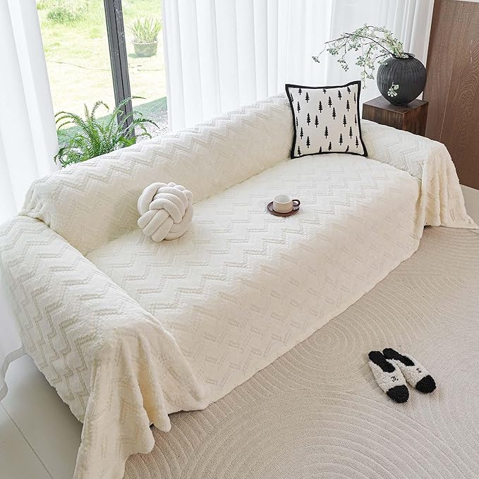 Sherpa Fleece Couch Cover for 3 Cushion Sofa, Beige, 71" x 150" - Pet Proof Sofa Covers Heavy Duty Scratch Resistant Pet Friendly Furniture Cover - Easy Install, Machine Washable