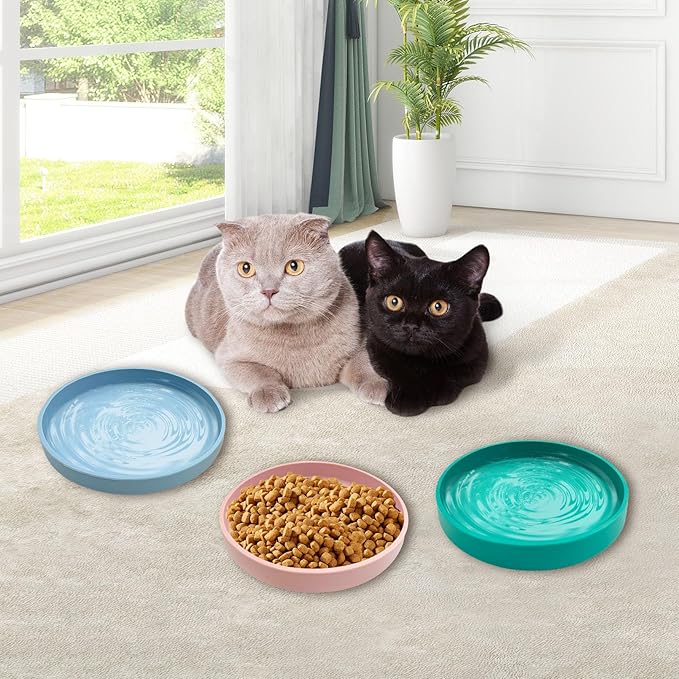 Silicone Dog Bowl Shallow Cat Food Bowls 7" Wide Puppy Plates Whisker Fatigue Pet Feeding Dishes Set of 3 for Dry and Wet Food Indoor (Blue + Pink + Green)