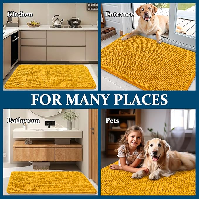 OLANLY Dog Door Mat for Muddy Paws 54x24, Absorbs Moisture and Dirt, Absorbent Non-Slip Washable Doormat, Quick Dry Chenille Mud Mat, Entry Indoor Entryway Carpet for Inside Floor, Golden Yellow