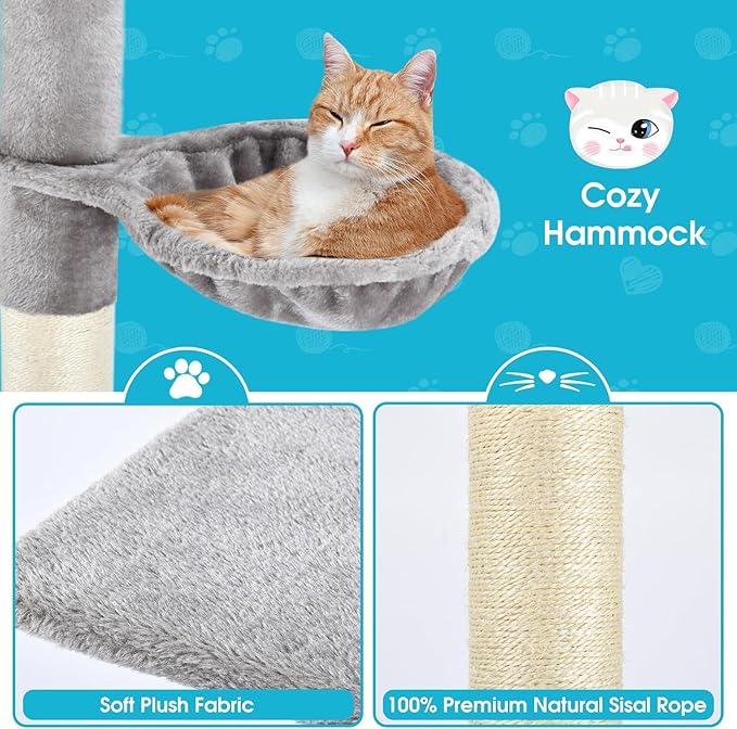 Cat Tree 5-Tier Floor to Ceiling Cat Tower with Cozy Hammock, 89-109 Inch Adjustable Height, Sisal Cat Scratching Post Provide Cats Vertical Enrichment to Jump and Climb, Gery