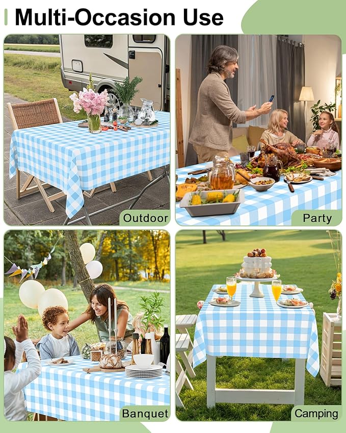 Smiry 12 Packs Gingham Disposable Table Cloth, 54 x 108 Inch Waterproof Plastic Tablecloth, Rectangle Baby Blue and White Checkered Table Covers for Picnic, Birthday, Party