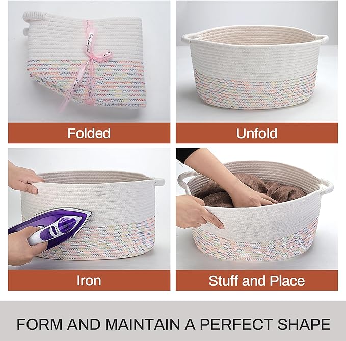 Medium Rope Basket with Handles, Medium Bohe Storage Basket, 17 "L x 12.5" W x 8.5 "H, Home Decor Organizer for Towels,toys, Books & Magazines