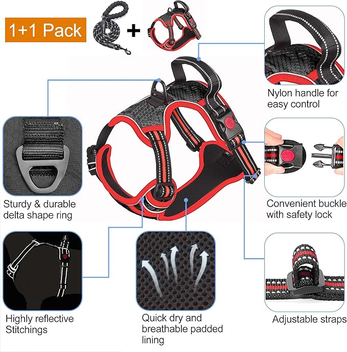 No Pull Harness with A Free Heavy Duty 5ft Leash for Medium Large Dog Adjustable Reflective Oxford Easy Control (L (Neck: 18"-25.5", Chest: 25.5"-31"), Black/red Harness+Leash)