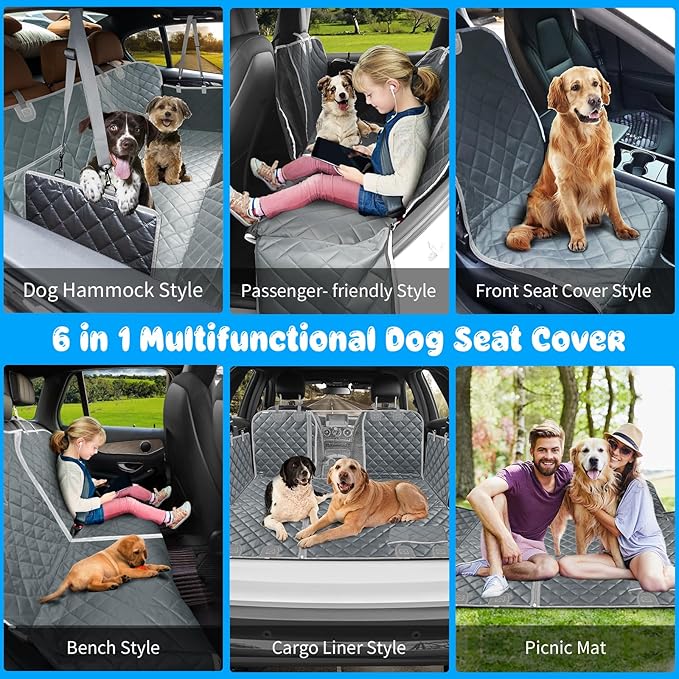 URPOWER 6-in-1 Dog Car Seat Cover for Back Seat, Waterproof Dog Car Hammock with Mesh Window & Side Flap, Pet Backseat Protector for Car, SUV, Truck