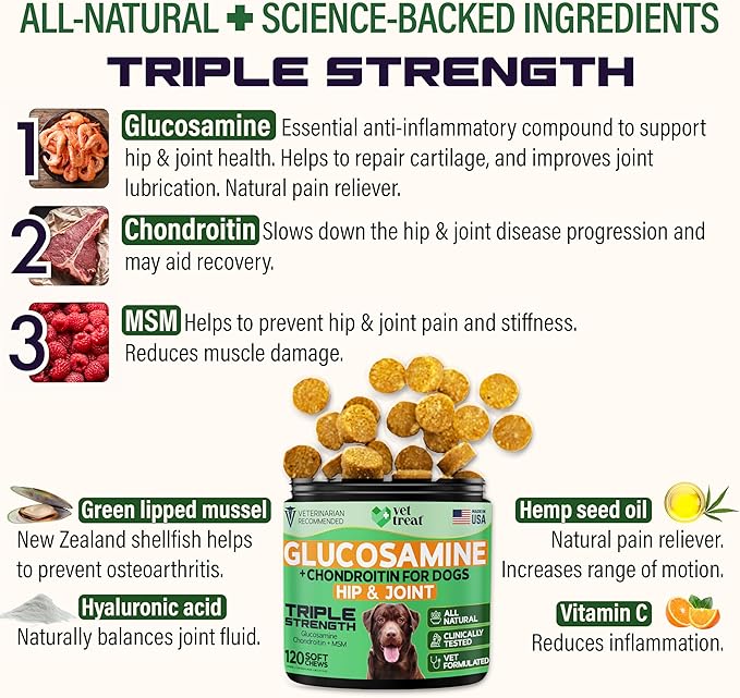Vet TREAT'S Glucosamine for Dogs – Hip & Joint Supplement with Chondroitin, MSM, Turmeric, Hemp Oil & Green Lipped Mussel – Arthritis Pain Relief, Mobility Support – Vet Formulated, USA – 120 Chews