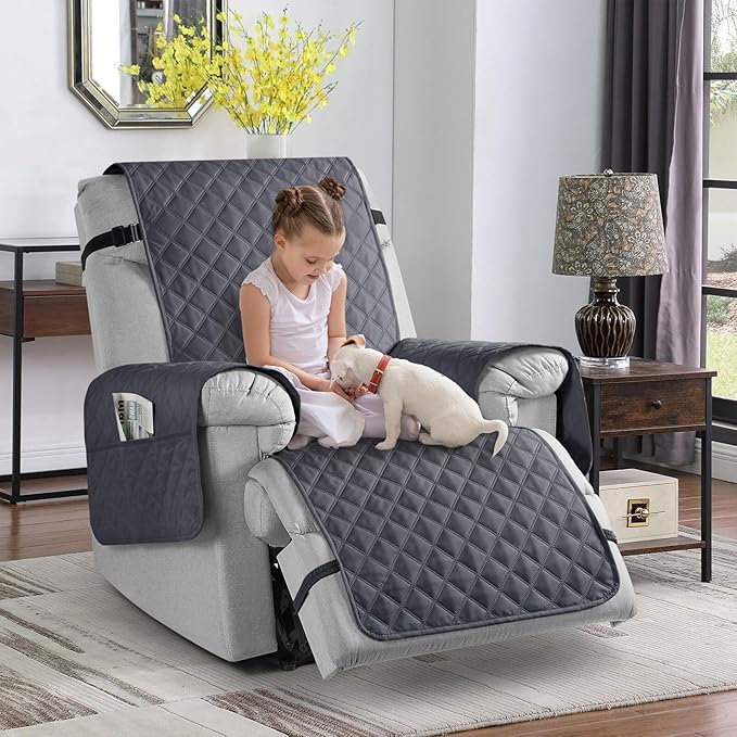 TAOCOCO 100% Waterproof Recliner Chair Cover Non-Slip Reclining Cover for Recliner Chair Washable Chair Seat Cover with Elastic Straps for Pets Sofa Slipcover with Pocket (Small 23'', Smoke Gray)