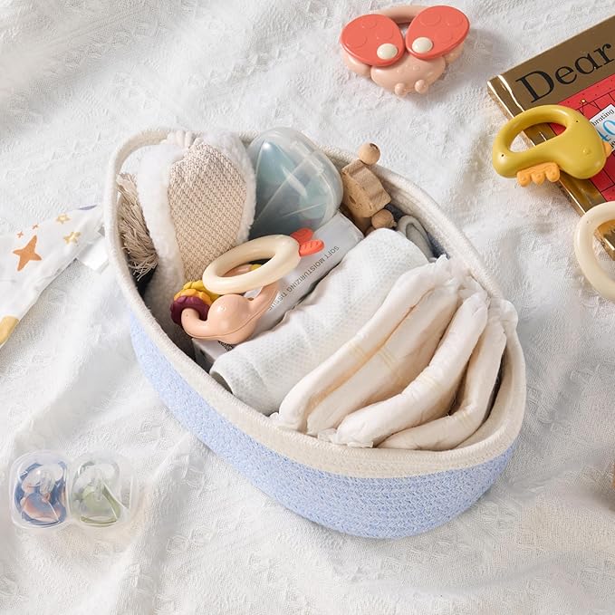Small Woven Gift Basket Empty with Bag & Ribbon - Gifts for Mom, Baby Shower, Birthdays & Raffle - Cotton Rope Storage Basket for Dog Toys or Shelf - 12"x8"x5", White & Blue