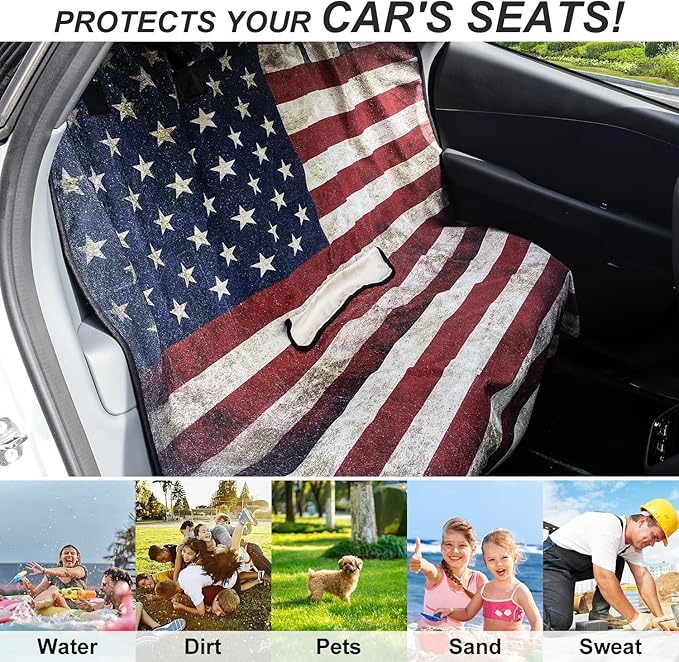 Back Seat Cover for Car Trucks Van SUV, Waterproof Rear Bench Towel Seat Covers for Dogs and Kids, Non-Slip Automotive Backseat Protector, Machine Washable (Bench Flag)