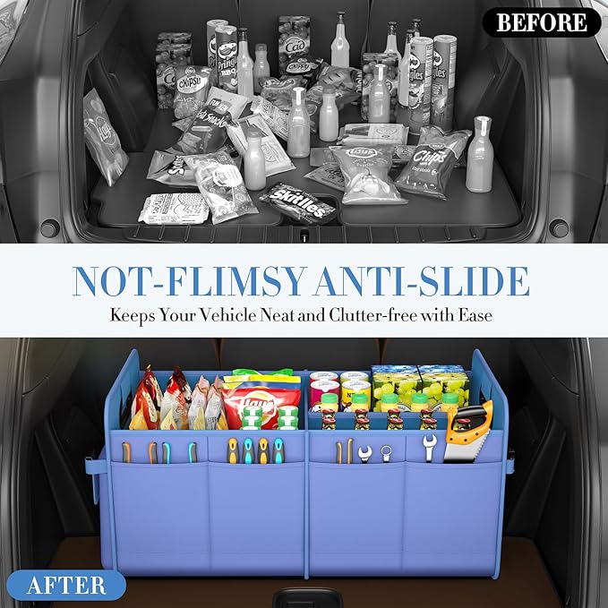 Trunk Organizer For Suv & Sedan,Car Organizers and Storage, Waterproof Collapsible & Adjustable Straps,70L Sturdy Car Organization for Car Accessories, Tools,Sundries,2-3Compartment(Blue