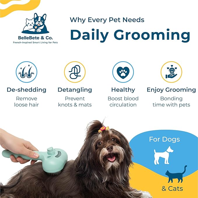 BelleBête & Co. Pet Steam Brush for Dog and Cat, Pet Hair Removal Grooming and Shedding Tool with One-Click Easy Self-Cleaning, USB Charging, No-Rinse Conditioning, Combs for Animals | Green