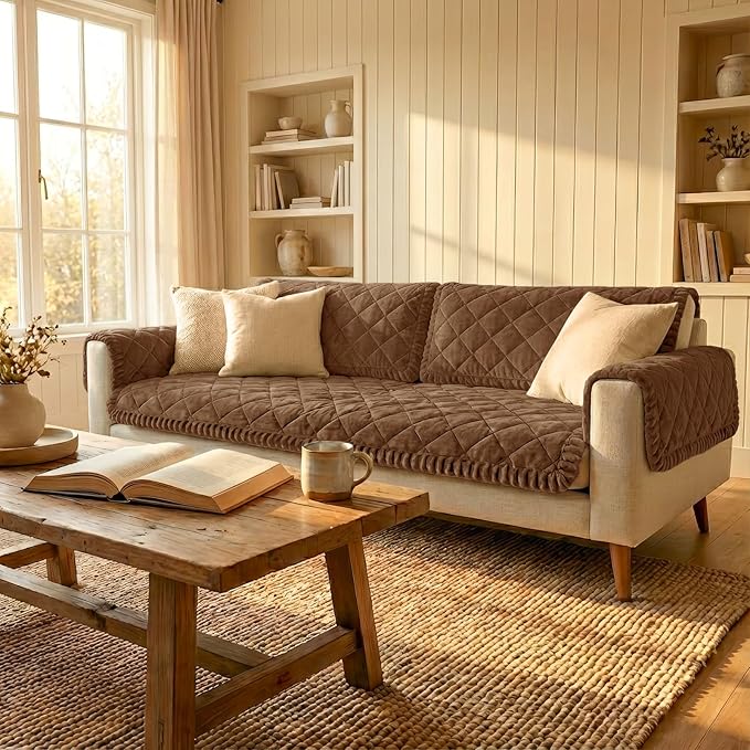 Smiry Fuzzy Couch Cover for Dogs, Non Slip Washable Pet Sofa Cover, Scratch Proof Hair Resistant Plush Sofa Slipcover, Pet Friendly Couch Cushion Protector for Cat, Brown, 27.6" x 70.9"