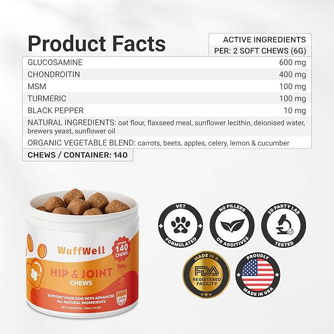 Hip and Joint Supplement for Dogs – Natural Ingredients with Chondroitin, MSM, Turmeric, and Glucosamine – Supports Hip Dysplasia, Arthritis, and Mobility – 140 Count, Made in USA