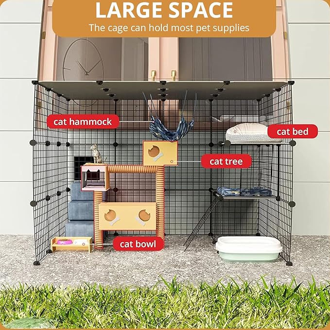 Oneluck Outdoor Cat House Catio Enclosure with Super Large Enter Door, 55L x 41W x41H Balcony Cat Cage Playpen with Platforms, DIY Kennels Crate Large Exercise Place Ideal for 1-3 Cats