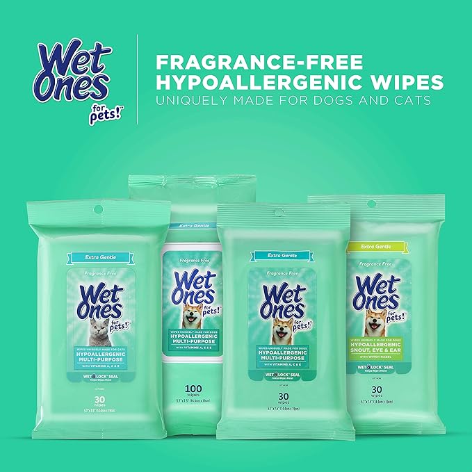 Wet Ones for Pets Hypoallergenic Multi-Purpose Dog Wipes with Vitamins A, C & E No Fragrance Hypoallergenic Dog Wipes for All Dogs Wipes Multipurpose Pouch Dog Wipes (Pack of 1, 100 Count Total)