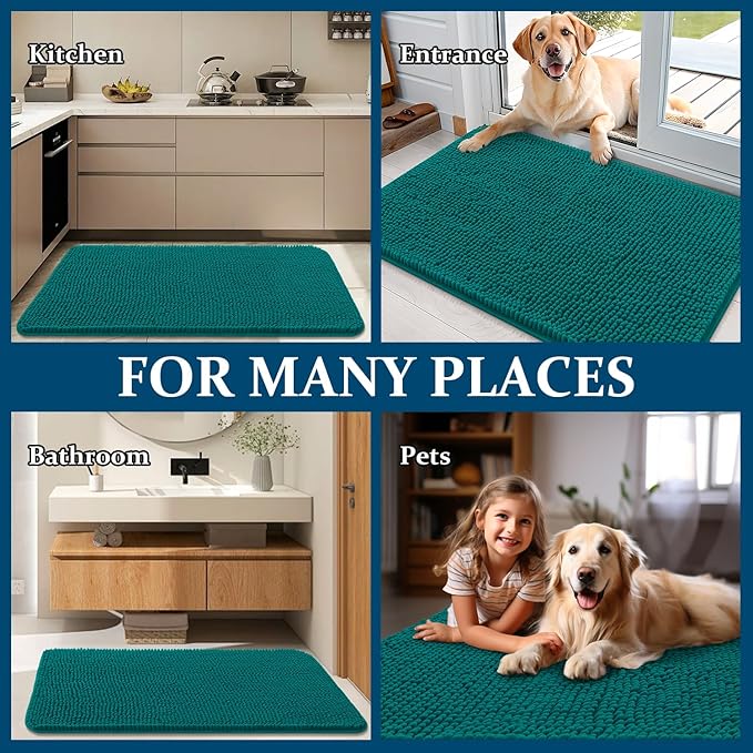 OLANLY Dog Door Mat for Muddy Paws 45x27, Absorbs Moisture and Dirt, Absorbent Non-Slip Washable Doormat, Quick Dry Chenille Mud Mat for Dogs, Entry Indoor Entryway Carpet for Inside Floor, Lake Blue