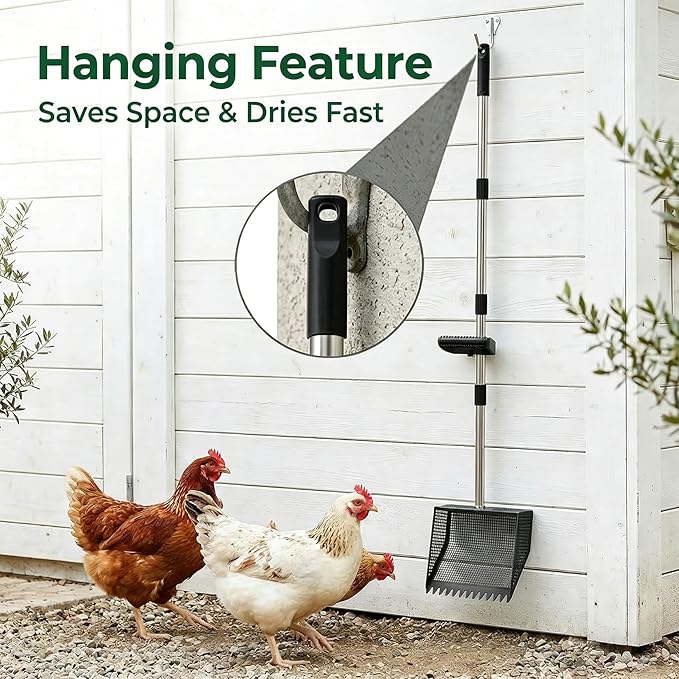 TOOGE Large Chicken Poop Scooper: 2-in-1 Metal Pooper Scooper & Rake Adjustable 62" Long Handle Stainless Steel Sand Sifting Litter Shovel Chicken Coop Scoop Cleaning for Bedding Goats Farm Yard Black