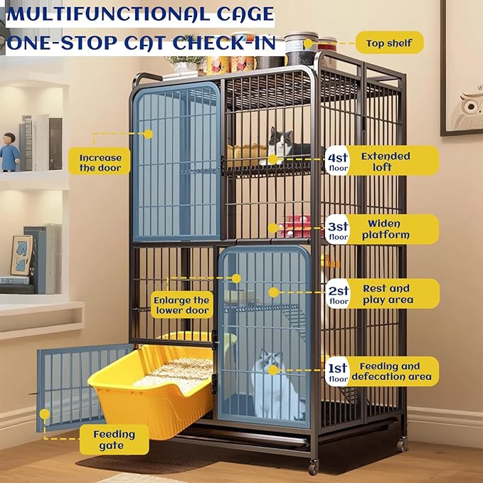 Collapsibles Cat Cages Indoor,Portable Cats Enclosures 2/3/4-Tier,Heavy-Duty Cat Playpens with Universal Wheels,Large Metal Animal cage Pet Crate No Assemblys Required (Black, 4-Tier (No Litter Box))