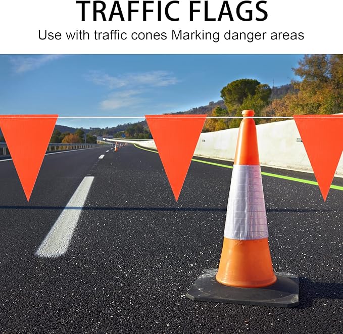 Pennant Safety Flags, Flagging Banner Warning Flags, Marking Flag on String for Parking Lot Events, Traffic Barrier Line, Yard Roof Perimeter, Boundary Construction Workplace 100ft 7x10inch