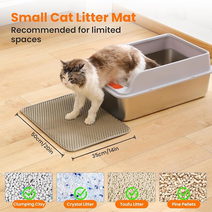 Small Cat Litter Mat, 20x14 Inches Double Layer Honeycomb Cat Litter Trapping Mat, Non Slip Waterproof Urine Proof Litter Box Mat for Floor, Kitty Litter Rug, Pet Supplies, Beige