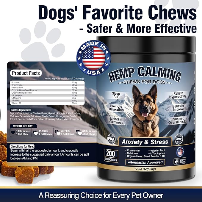 Calming Chews for Dogs 200ct-Chicken Hemp Dog Calming Chews - Anxiety and Stress Relief Treats Melatonin Bites Sleep Aid for Small/Medium/Large Dogs Calm Dog - Separation, Fireworks, Barking, Thunder