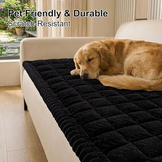 Smiry Non Slip Couch Covers for Dogs, Fuzzy Pet Couch Covers for 3 Cushion Sofa Pet Friendly, Soft Sofa Slipcovers Cushion Furniture Protector Washable (Black, 35.4" x 88")