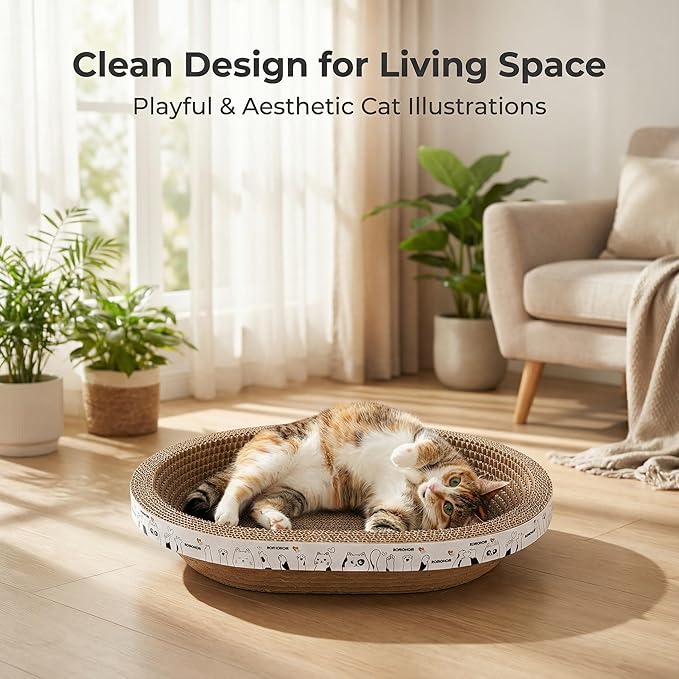 4PCS Cardboard Cat Scratcher Bed Set with House for Indoor Cats, 2 Big Oval Cat Lounger Bowls 17", Durable Scratching Board Pad, All-in-One Cat Scratch Box with Bonus Toys for Furniture Protection.