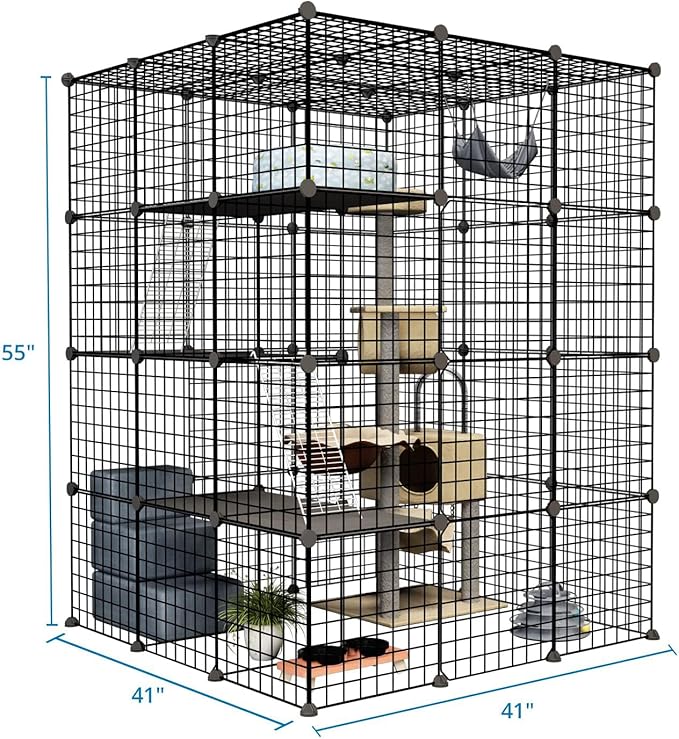 Oneluck Outdoor Cat House Catio Enclosure with Super Large Enter Door, 41L x 41W x55H Balcony Cage, Playpen with Platforms, DIY Kennels Crate Large Exercise Place Ideal for 1-3 Cats