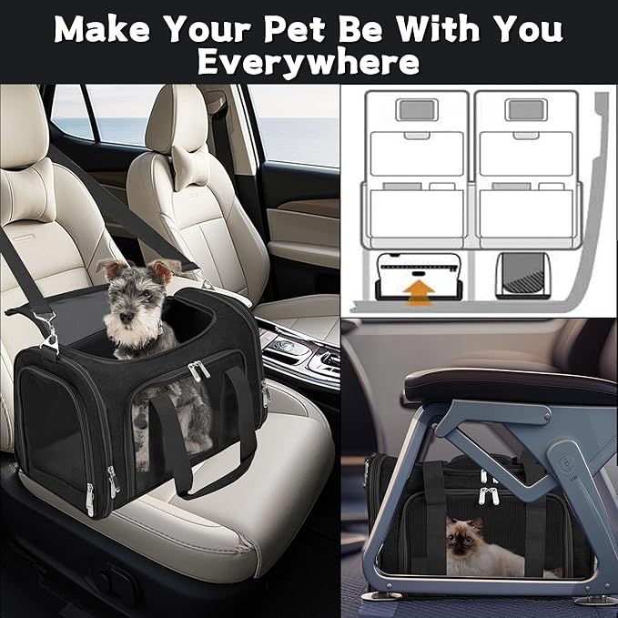 Soft-Sided Cat/Dog/Pet Carrier, Collapsible Pets Travel Carriers for Big Cats/Small Dogs with Shoulder Strap & Removable Mat, Mesh Puppy Carry Bag, Up to 25 Lbs(Black)